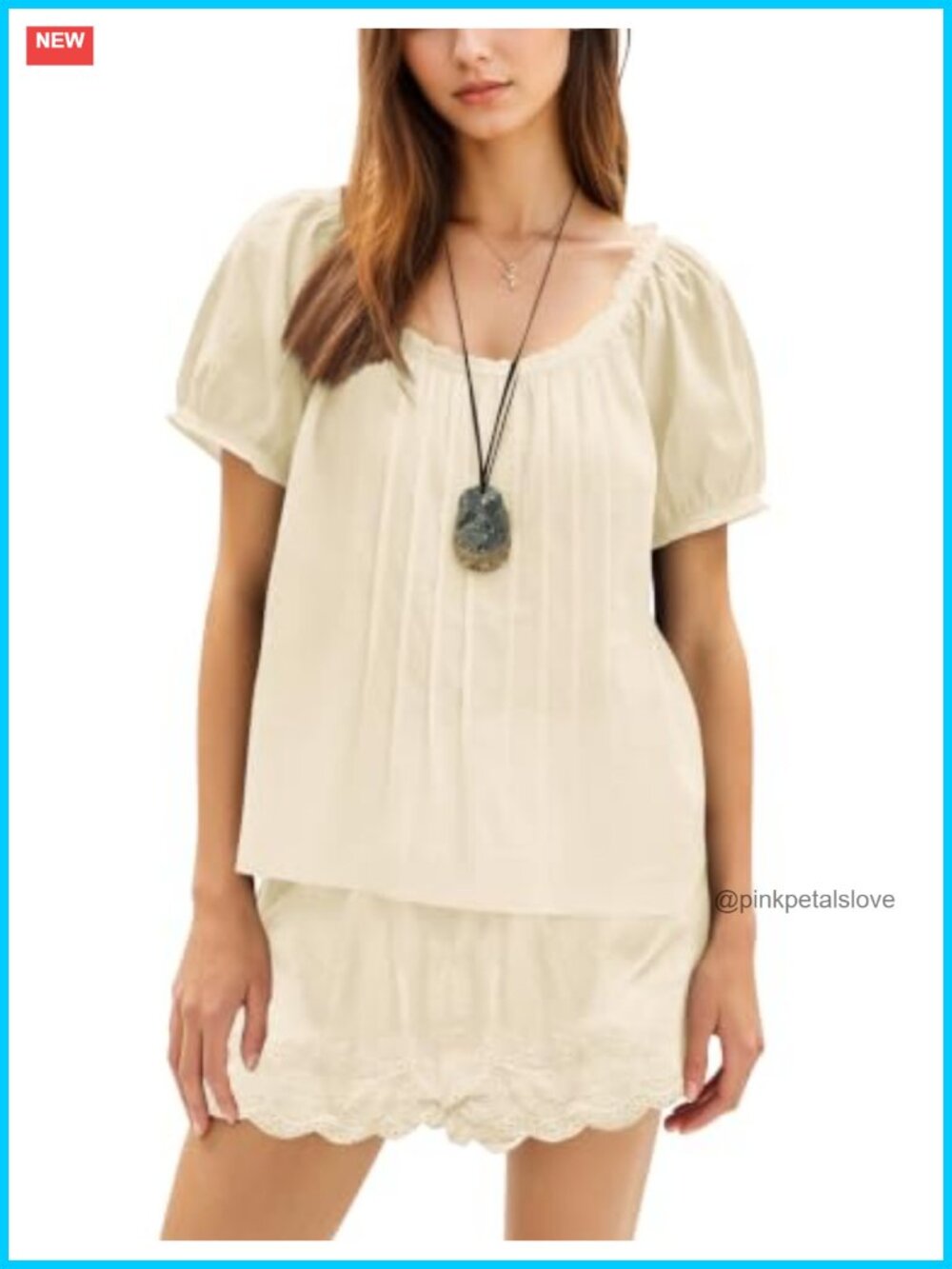 Womens 2 Piece Shorts Set Puff Sleeve Babydoll Blouse Lace Shorts